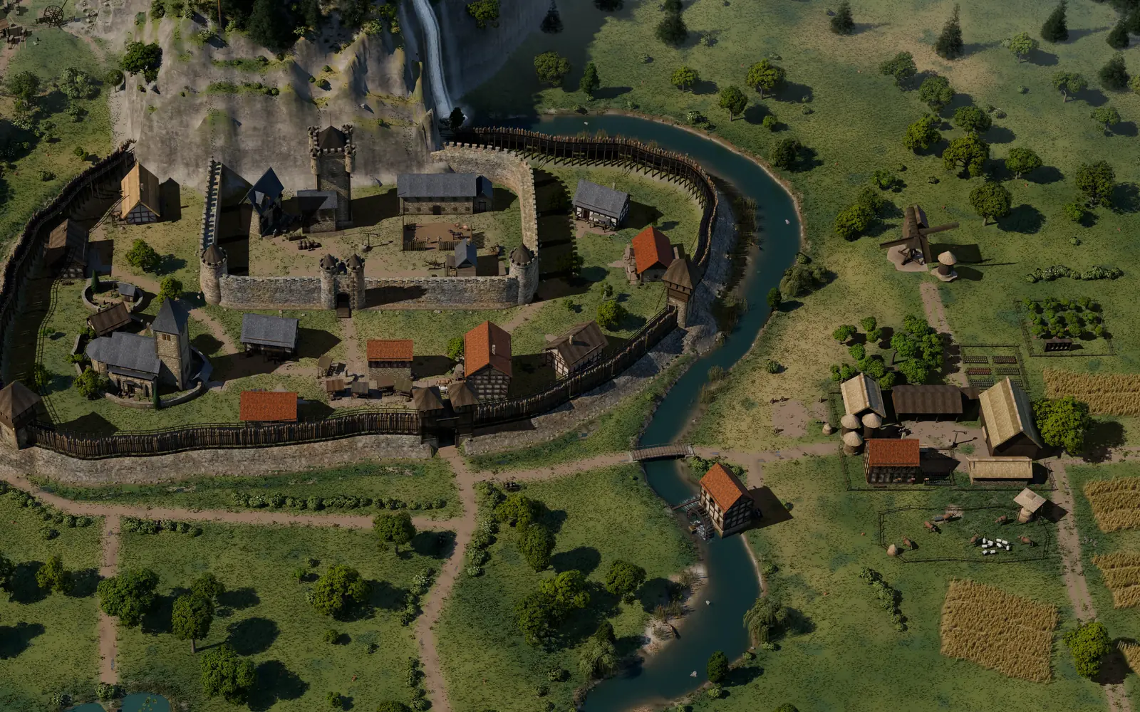 Das ganze Dorf von oben: Burg mit Bergfried und Kernmauer vor der Felswand, Häuser innerhalb der Palisade, Fluss mit Brücke und Wassermühle, dahinter der Gutshof mit Windmühle und Feldern.