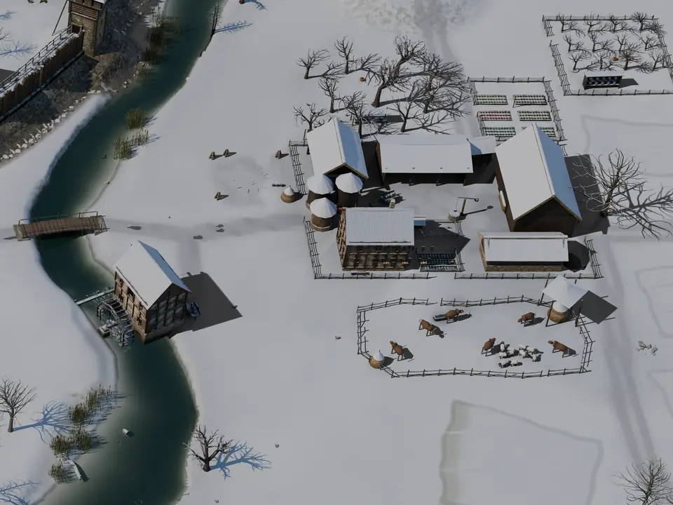 Der Gutshof im Winter: Schnee auf Dächern und Feldern, kahle Bäume, eisiger Fluss.