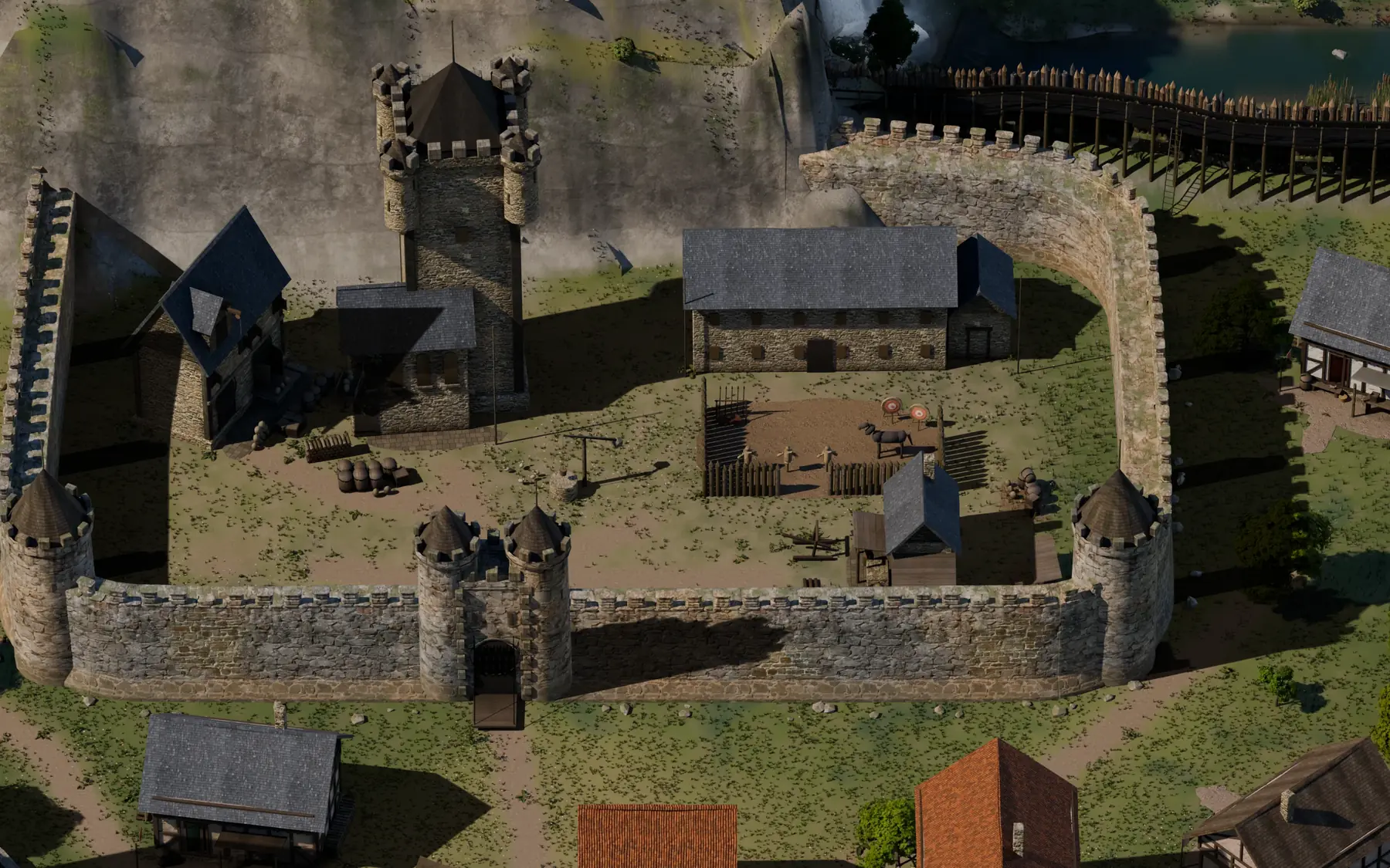 Blick in die Burg: Bergfried vor der Felswand, Kernmauer mit Rundtürmen und Torhaus, Burghof mit Stall.