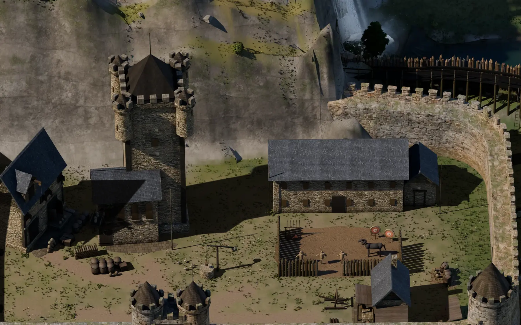 Der Bergfried mit Zinnen und Ecktürmchen über dem Burghof.