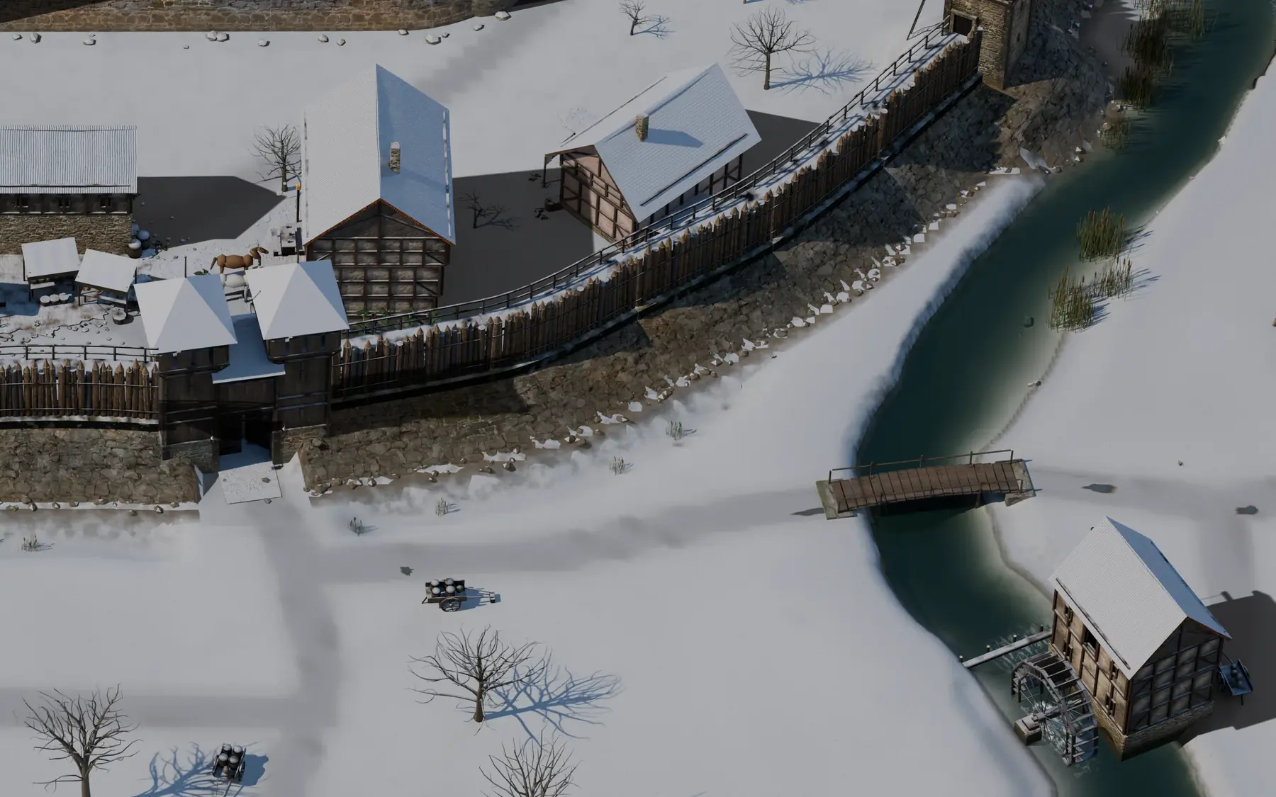 Die Burg im Winter: Schnee auf Dächern und Wiesen, der Fluss mit Brücke und Wassermühle.