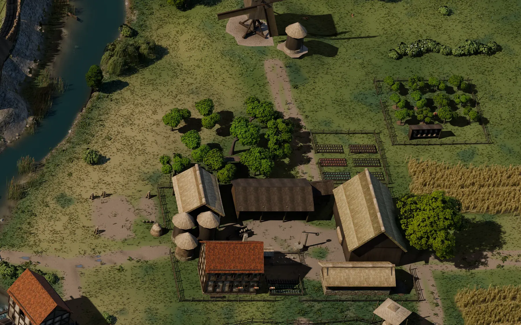Gutshof mit Scheunen, Speichern, Gemüsebeeten und Getreidefeldern, oben die Windmühle.